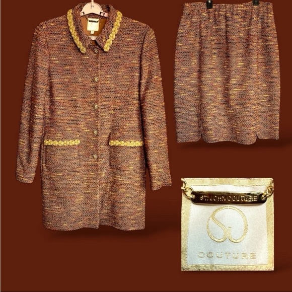 St. John Pants - St John Couture Knit Suit Sz 14/16 Jacket Blazer Shimmer Gold Trim Luxury READ